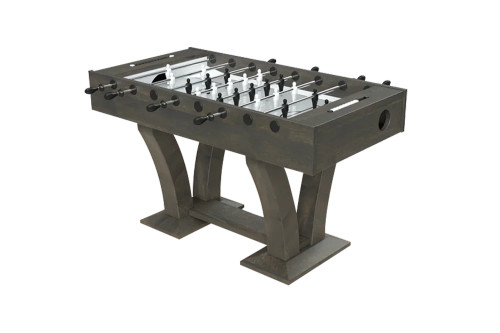 Wooden foosball table with metal rods and players, supported by curved pedestal base with sturdy footings.