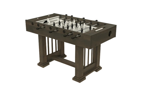 Wooden foosball table with metal rods and players, featuring decorative slatted pedestal base design.