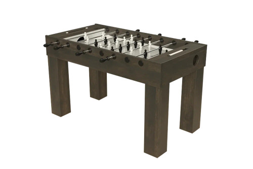 Wooden foosball table with metal rods and players, featuring sturdy straight legs and minimalist design.