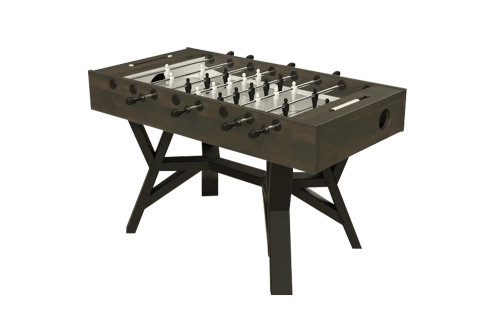 Modern wooden foosball table with metal rods and players, supported by angular cross-braced base legs.