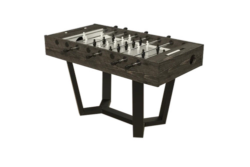 Rustic wood foosball table with white players and black metal legs, modern game room furniture design.