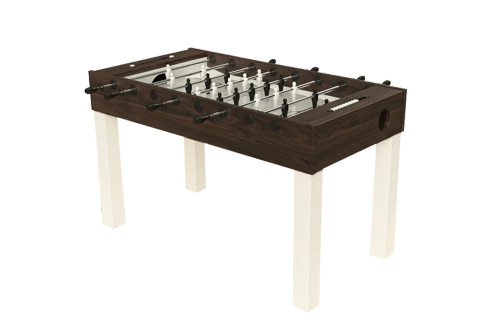 Wooden foosball table with white player figures and white legs, angled perspective view.