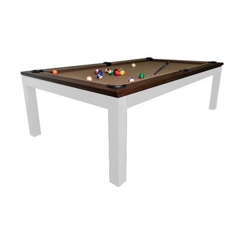 Contemporary pool dining table with white legs and brown felt top.