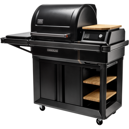 Traeger Timberline grill from a side angle view with white background.