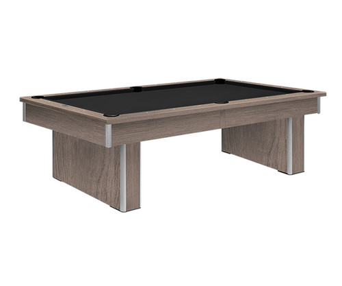 Modern wooden pool table with black felt top and sturdy legs.