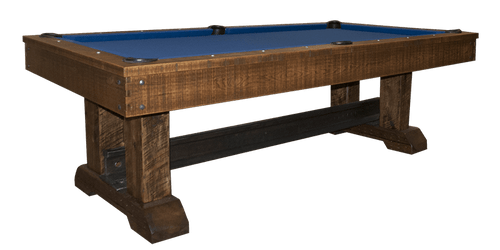 The Olhausen Railyard pool table made with new hickory wood and blue felt.