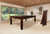 Pool dining table with dark wood finish and dining top cover in modern room.