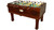 Classic wooden foosball table with green and yellow players on metal rods, isolated on white background.