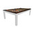 Contemporary pool dining table with white legs and brown felt top.