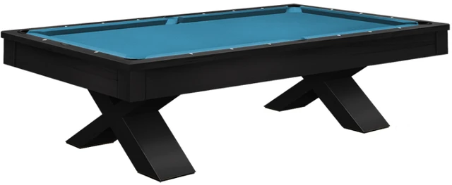 Modern black pool table with blue felt and X-shaped legs for contemporary game room decor.