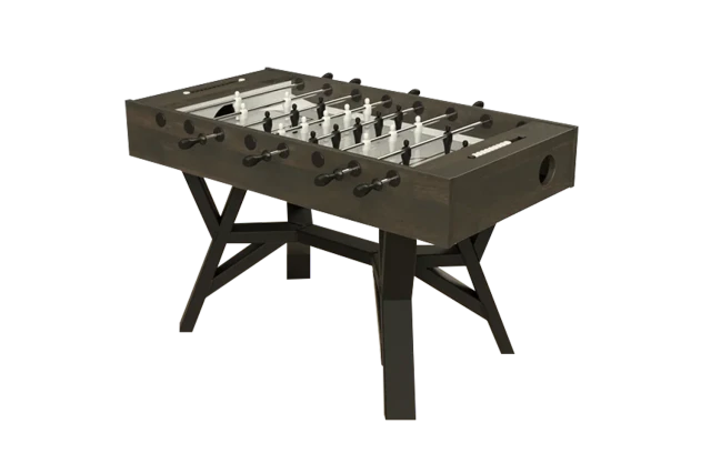Modern wooden foosball table with metal rods and players, supported by angular cross-braced base legs.