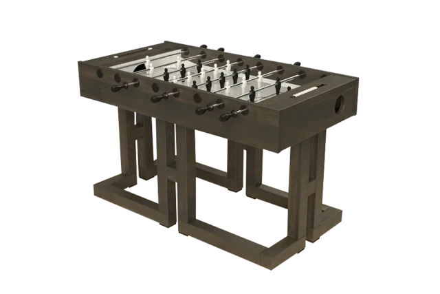 Wooden foosball table with metal rods and players, featuring double pedestal base and modern design.