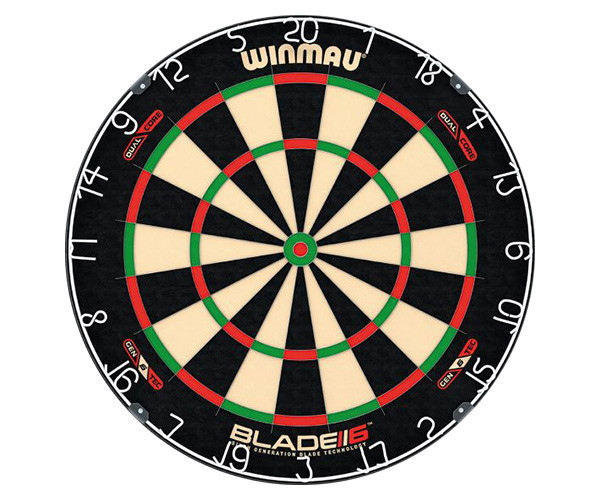 Winmau Blade 6 Dual Core professional dartboard with high-visibility scoring segments and bullseye.