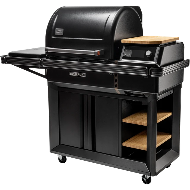 Traeger Timberline grill from a side angle view with white background.