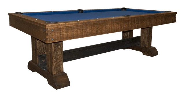 The Olhausen Railyard pool table made with new hickory wood and blue felt.