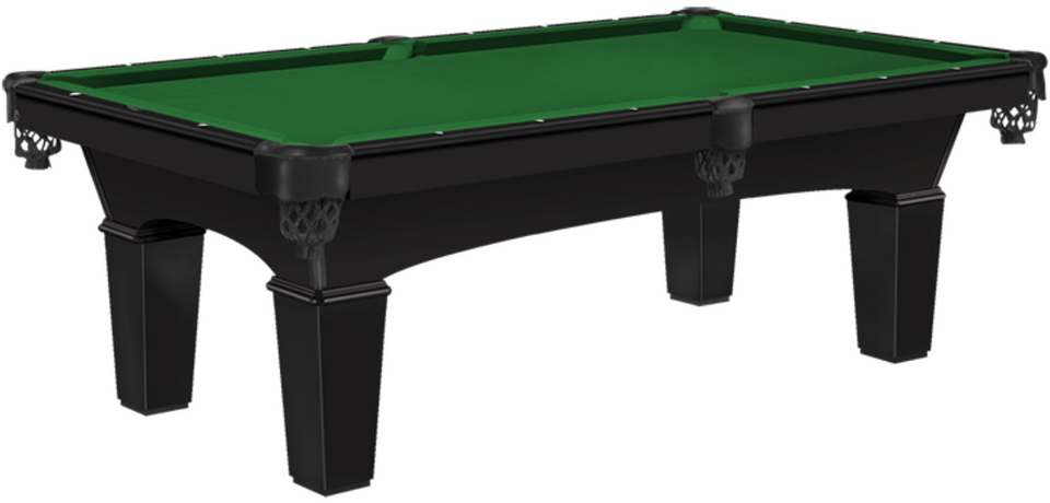 A pool table with a black frame and traditional design.