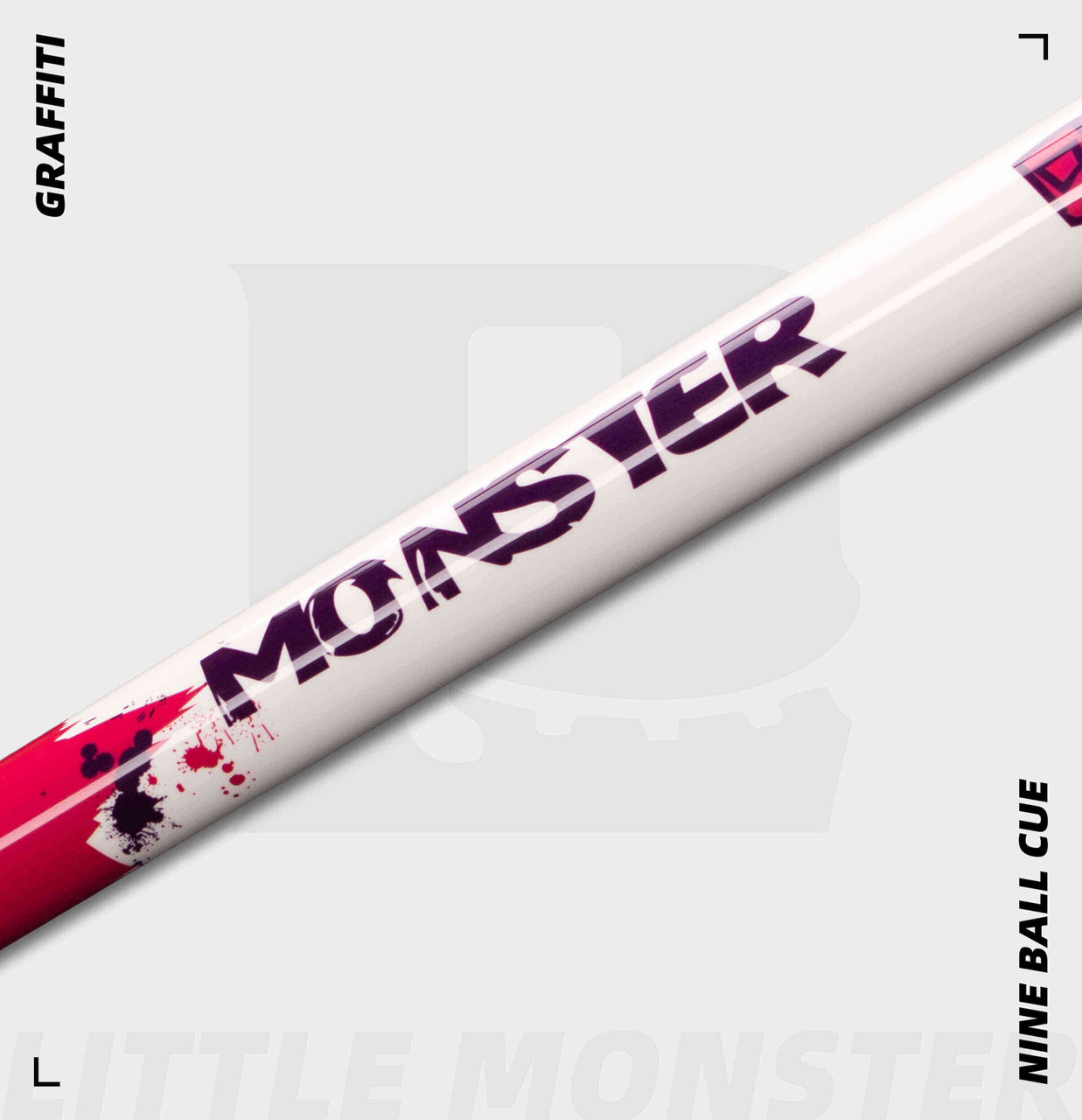 White Graffiti cue with purple Little Monster lettering and red graphics.