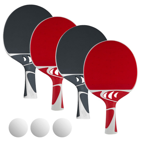 Four Tiger Aqua paddles and three balls.
