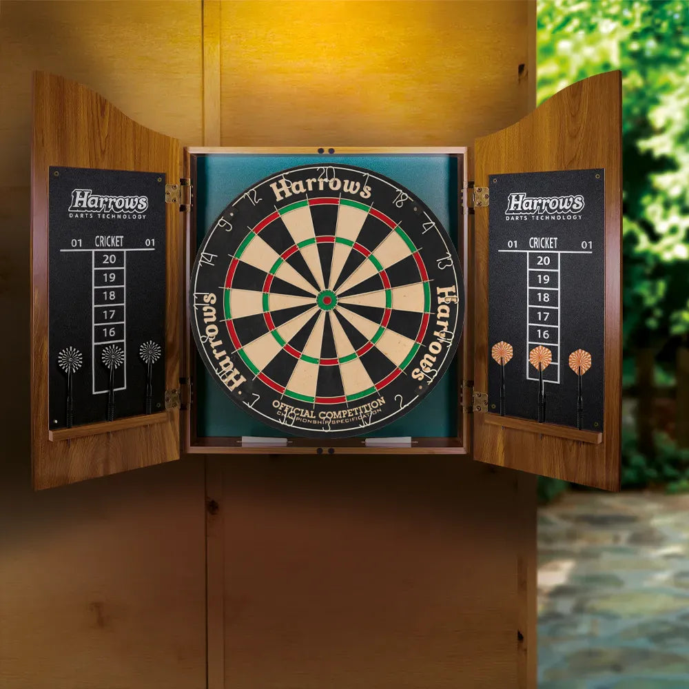 Harrows dartboard in an open wooden cabinet beside a garden