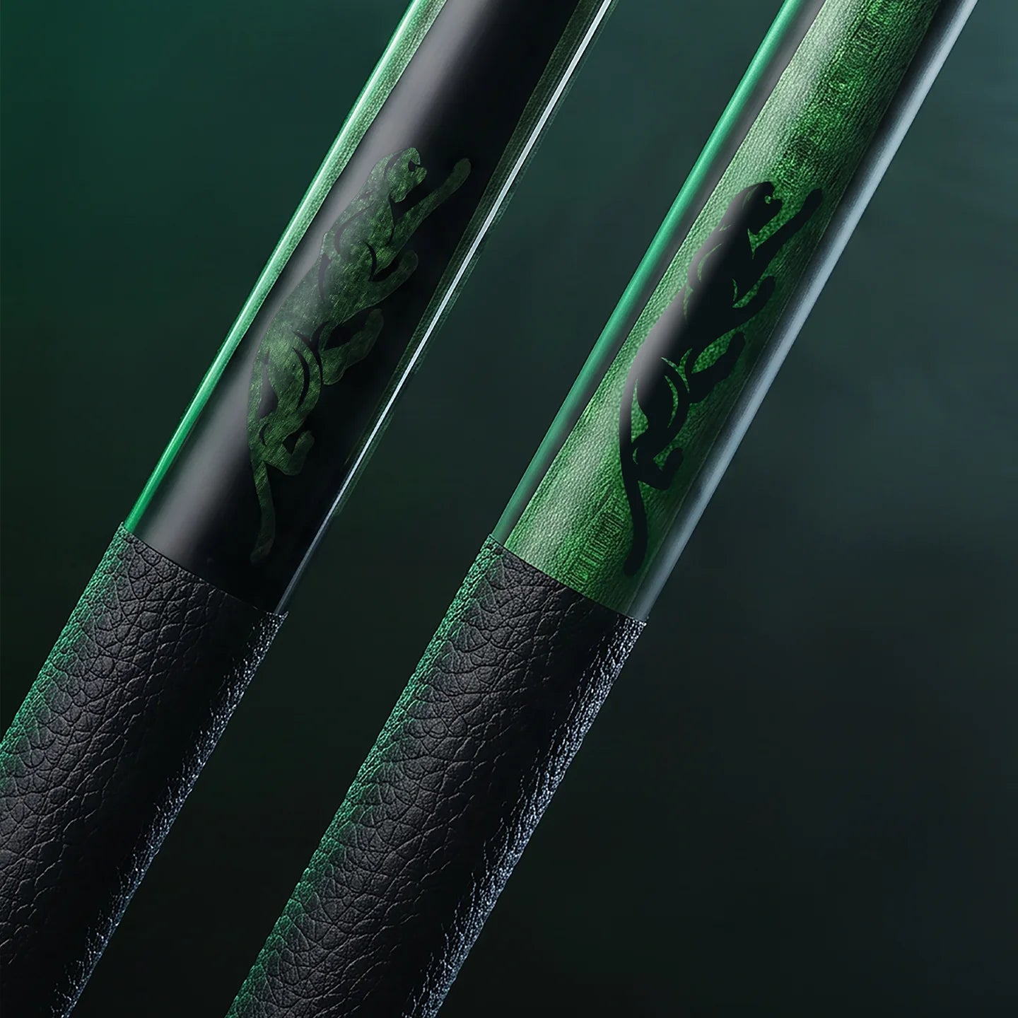 Dark green Predator carbon-fibre pool cues.