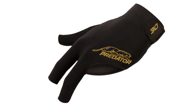 Black and gold Predator Second Skin billiard glove, right-hand model.