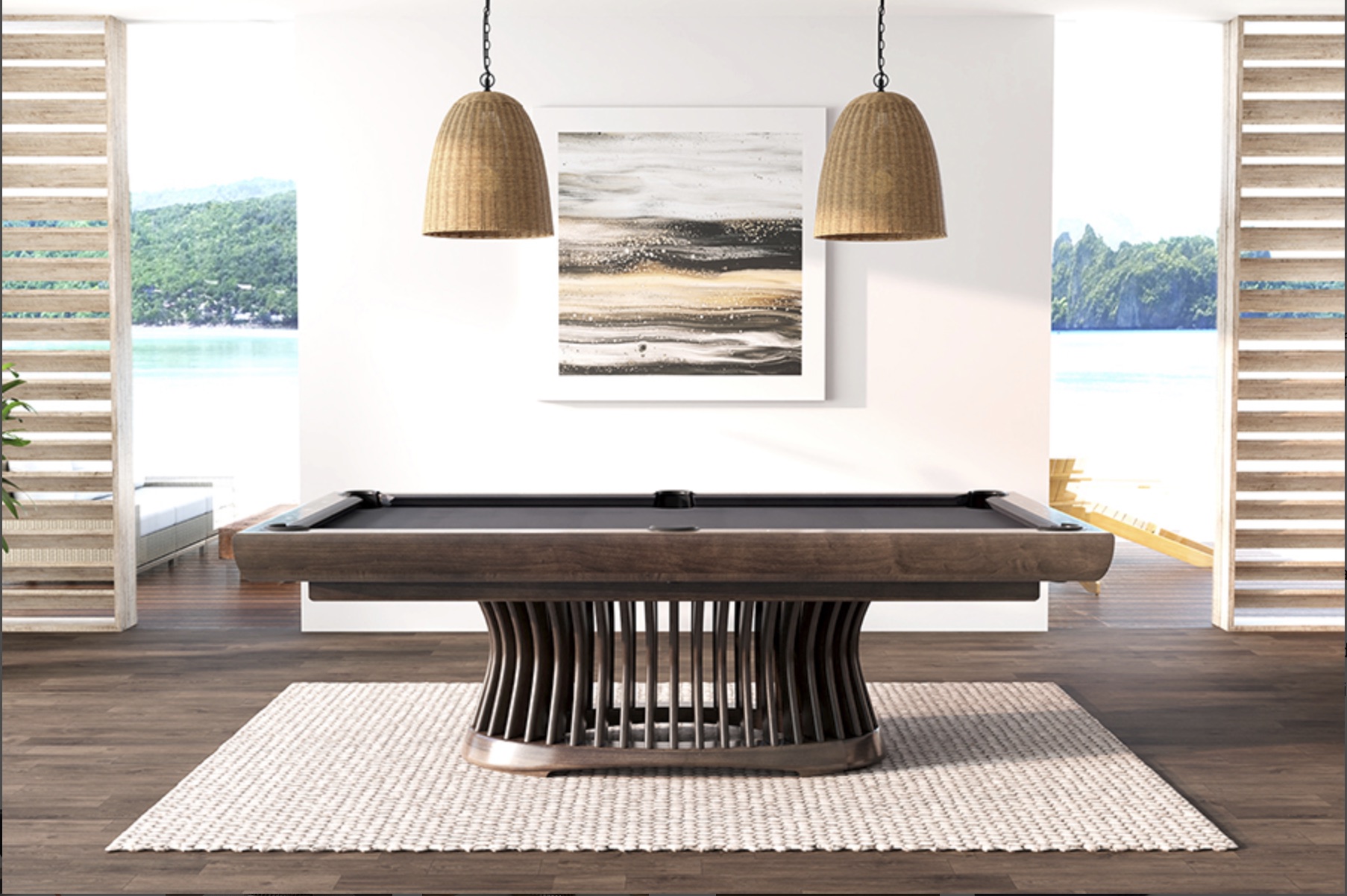 A pool table in a bright contemporary room