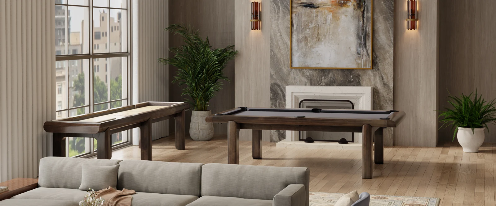 California House Windansea pool table and coordinated shuffleboard in a furnished living room