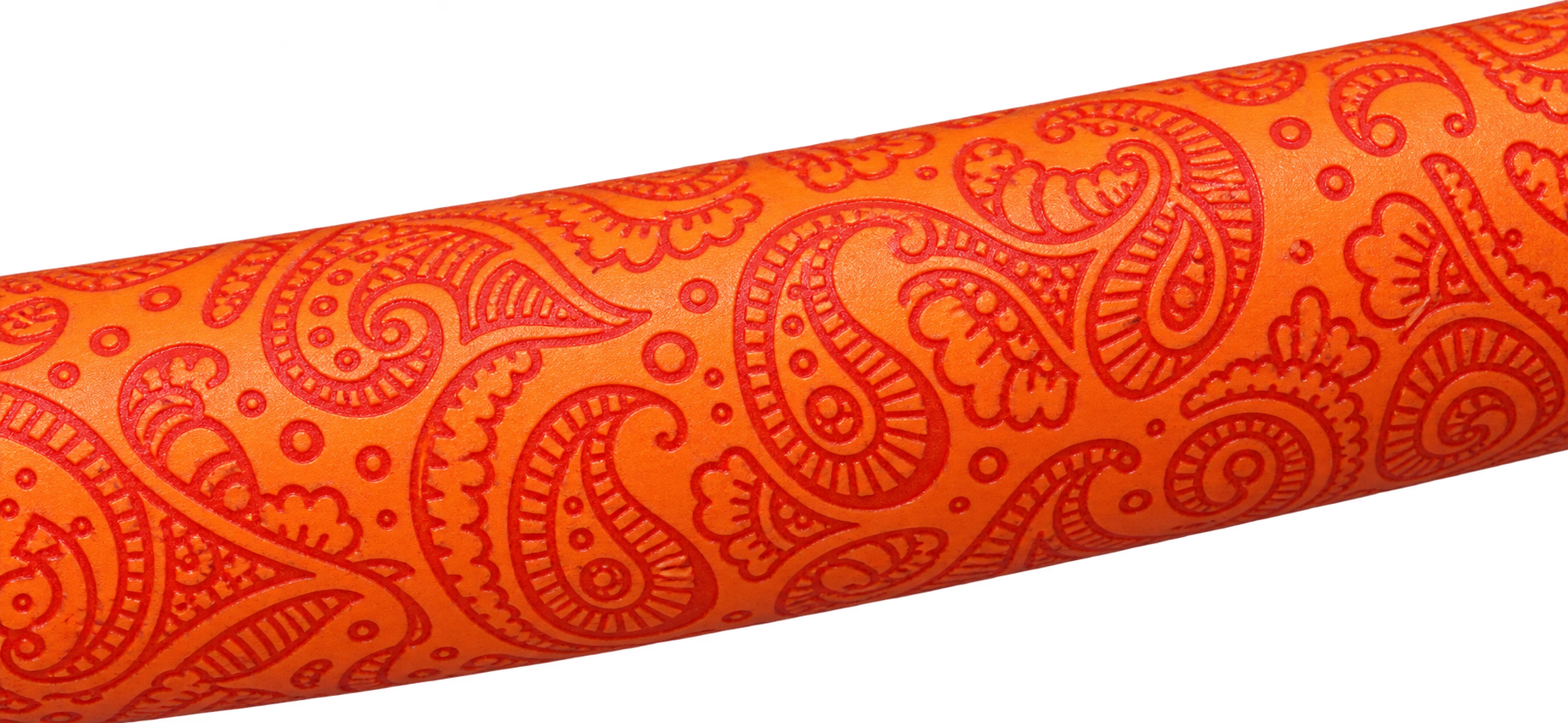 Exact raised orange paisley relief on Black Egg II beneath its paint and UV finish