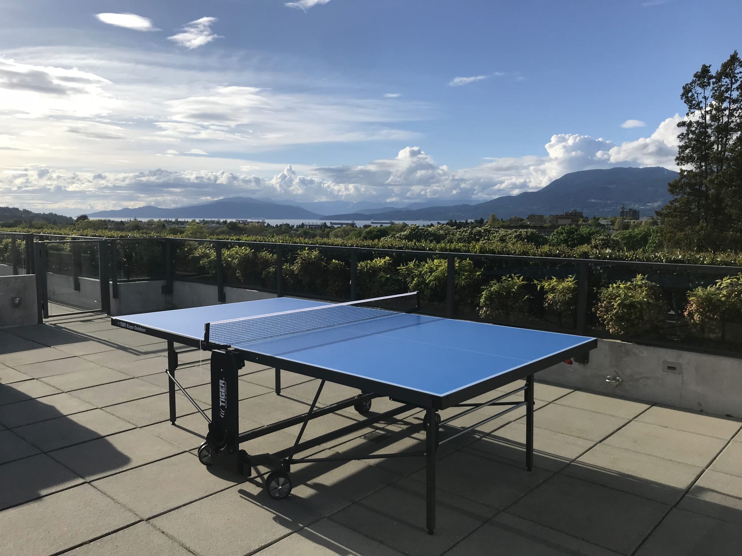 Tiger Expo Outdoor table tennis table on a terrace overlooking water and mountains