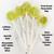 Five bright yellow lollipops with blue candy dots arranged in a fan shape with technical spec information such as back ingredient label, flavor and best by date on the twist tie and food grade individual recyclable bags.