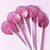 Six light purple, round, smooth, glossy hard candy Berries and Cream Lollipops with extra long white paper lollipop sticks, in a fan, each with pink/purple spiral confetti flavor dots on a light purple/pink background.