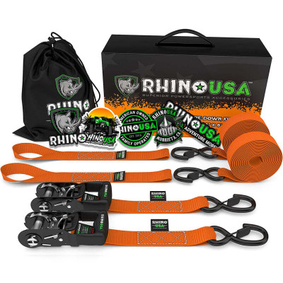 Rhino USA Heavy Duty Ratchet Tie-Down 2-Pack 1.6In x 8Ft Orange recovery gear product photo