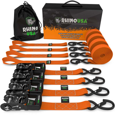 Rhino USA Heavy Duty Ratchet Tie-Down 4-Pack 1.6In x 8Ft Orange recovery gear product photo