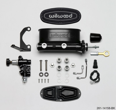Wilwood HV Tandem M/C Kit w L/H Bracket & Prop Valve - 15/16in Bore Black-W/Push. - Early Mustang - wil261-14158-BK