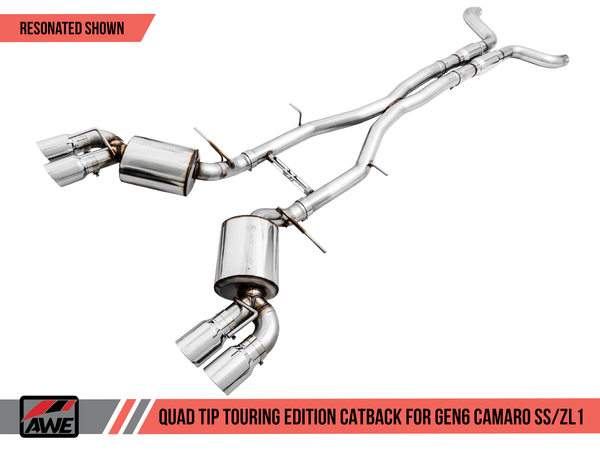 AWE Tuning 2016-2024 Chevrolet Camaro SS & ZL1 (Coupe | Auto Trans Only) | Touring Edition Resonated Cat-Back Exhaust (Quad Chrome Silver Tips) | 3015-42092