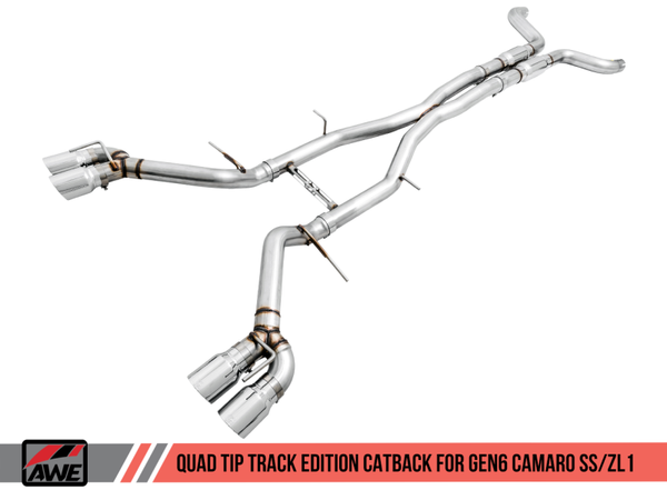 AWE Tuning 2016-2024 Chevrolet Camaro SS & ZL1 (Coupe | Auto Trans Only) | Track Edition Non-Resonated Cat-Back Exhaust (Quad Chrome Silver Tips) | 3020-42066