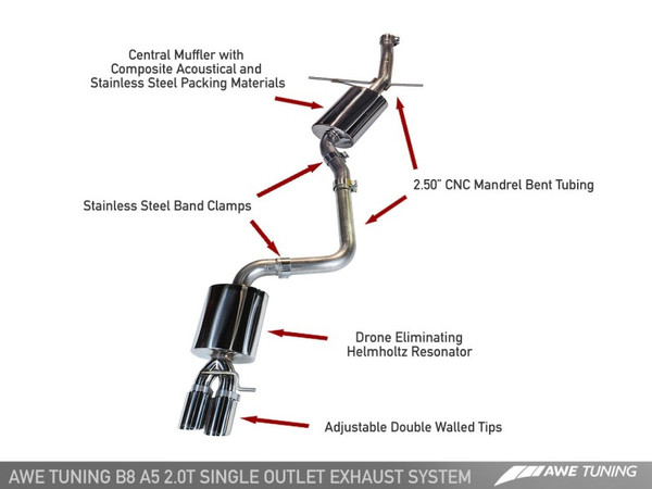 AWE Tuning Audi B8 A5 2.0T Touring Edition Single Outlet Exhaust - Polished Silver Tips - 3015-22012