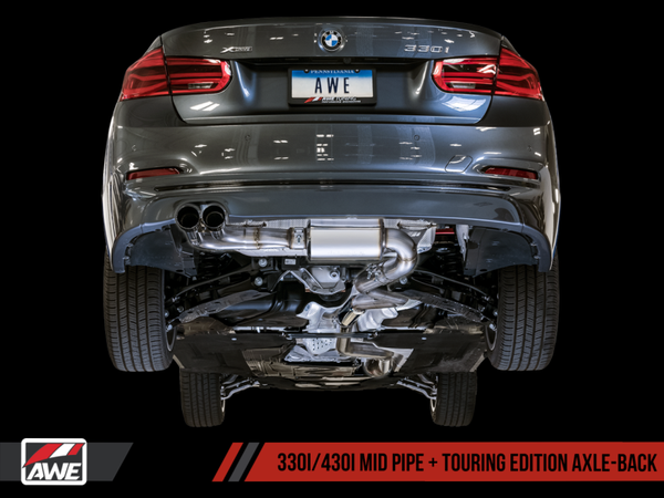 AWE Tuning 2012-2019 BMW F3X 328i | 330i & 2014-2020 BMW 428i | 430i Touring Edition Axle-Back Exhaust Single Side | 80mm Silver Tips | 3010-22022