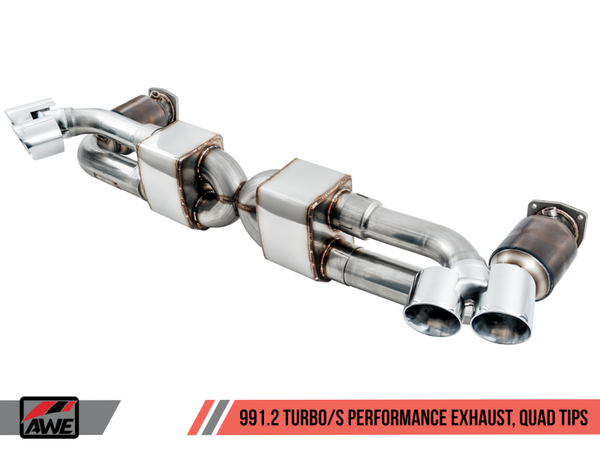 AWE Tuning Porsche 991.2 Turbo Performance Exhaust and High-Flow Cat Sections - Silver Quad Tips - 3015-42084