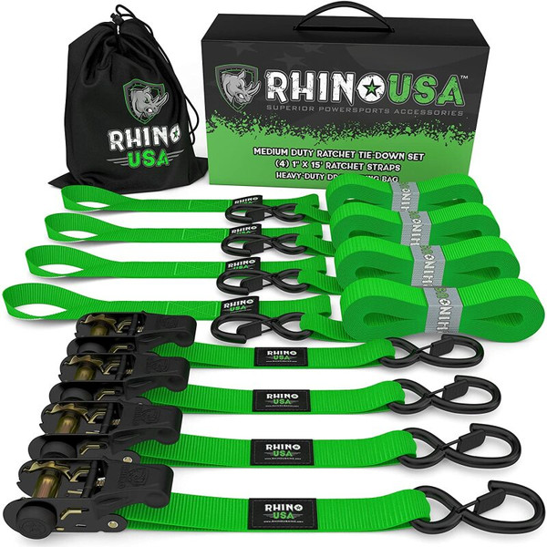 Rhino USA Medium Duty Ratchet Strap Tie-Down 4-Pack Green recovery gear product photo