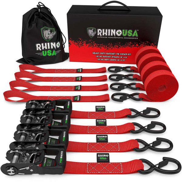Rhino USA Heavy Duty Ratchet Tie-Down 4-Pack (Red) 1.6In X 8Ft