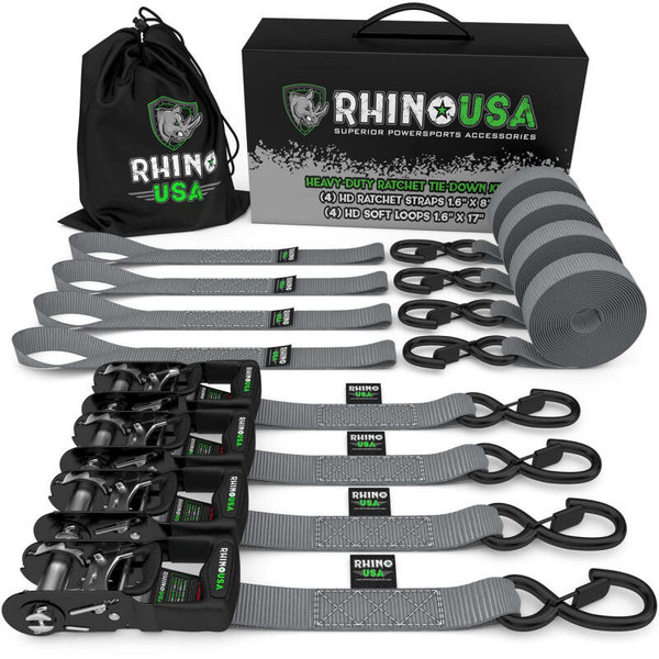 Rhino USA Heavy Duty Ratchet Tie-Down 4-Pack 1.6In x 8Ft Gray recovery gear product photo