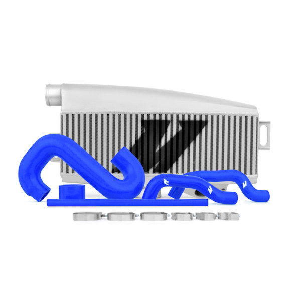 Mishimoto Intercooler, Silver | Subaru 2002-2007 WRX/2004-2007 STi Top-Mount - Powder Coated & Blue Hoses | MMTMIC-WRX-01SLBL