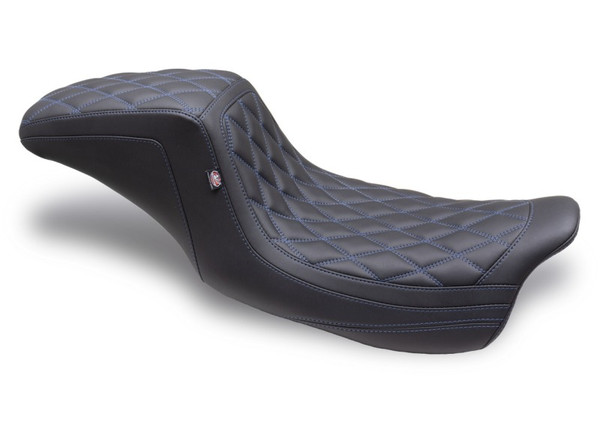 Mustang Motorcycle 2008-2024 HD FL Touring Double Diamond Squareback One-Piece Seat Black w/ Blue Stitching product photo