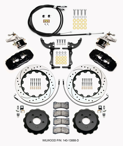 Wilwood AERO4 / MC4 Rear Kit 14.00 Drilled 15-23 Mustang w/Lines & Cables - wil140-13888-D