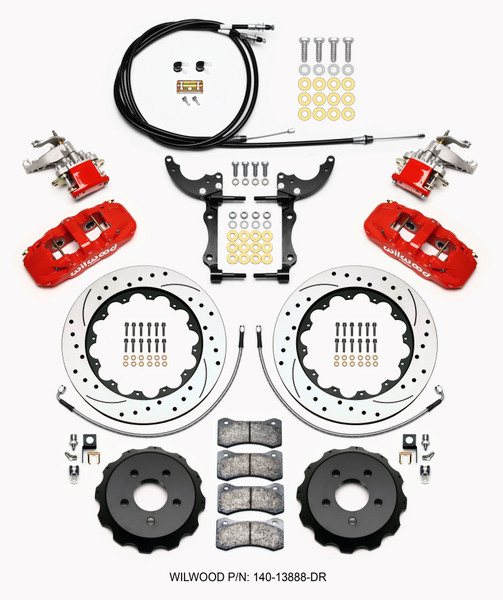 Wilwood AERO4 / MC4 Rear Kit 14.00 Drilled Red 15-23 Mustang w/Lines & Cables - wil140-13888-DR