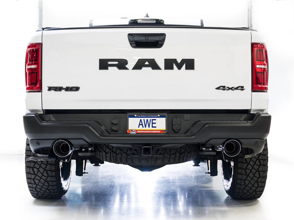 Upgrade your 2025-2026 RAM 1500 RHO with the AWE 0FG Catback Exhaust. Dual 3” design, 180 Technology®, X-pipe, and bold 5” Chrome Silver tips.