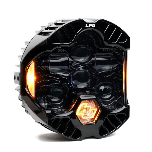 Baja Designs DOT LP6 Amber LED Auxiliary Light Pod (180002). Road-legal single light pod with high/low beams, amber DRL, 5,280 lumens high beam, 3,480 lumens low beam. Built for automotive & motorcycle applications.
