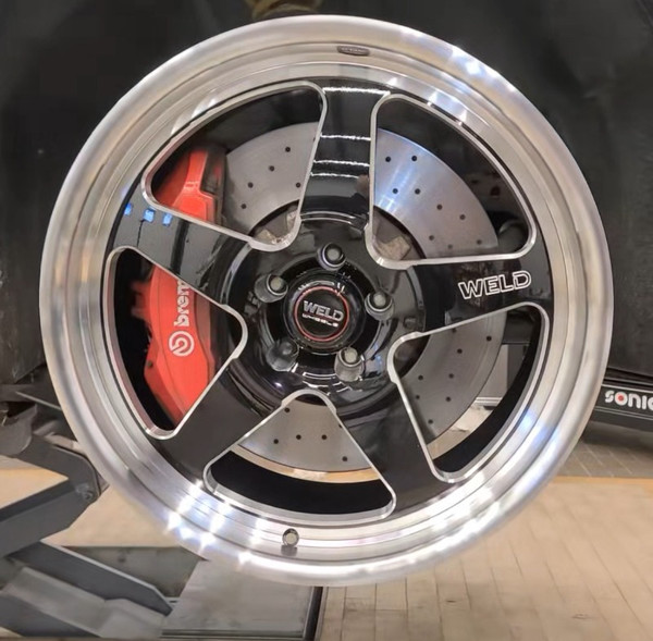 WELD Ventura 5 Street Gloss Black Wheel with Milled Spokes 20x9 | 5x114.3 BC (5x4.5) | +29 Offset | 6.1 Backspacing - S10409065P29 for 2005-2014 Mustang GT / V6 / Coyote, 2015-2023 Ford Mustang GT / EcoBoost 2.3L / 5.0L, Explorer ST (2020-2024). Will clear GT350R Front Brakes as pictured