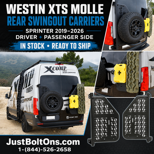 Building a 2019-2026 Mercedes-Benz Sprinter? Westin XTS Molle Rear Swingout Carriers Are In Stock and Ready to Ship.